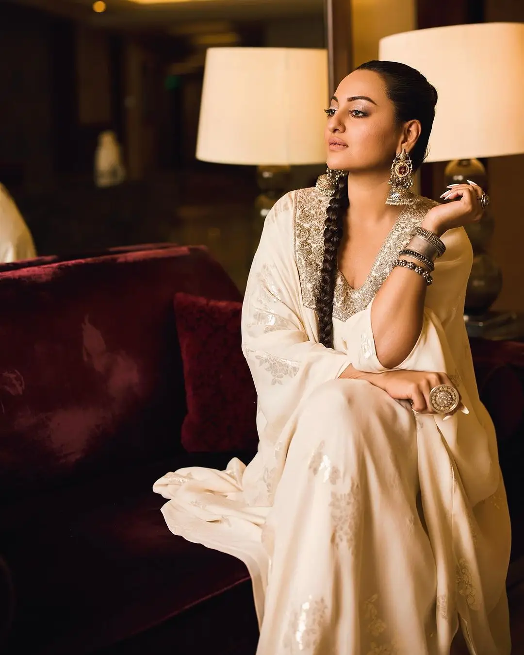 SONAKSHI SINHA WEARING BEAUTIFUL EARRINGS WHITE GOWN